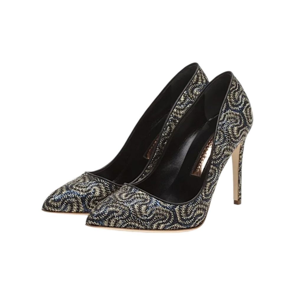 Rupert Sanderson Laira 85 Cloth Navy/Gold Sparkly Metallic Heels,Size 7.5 /EU 38